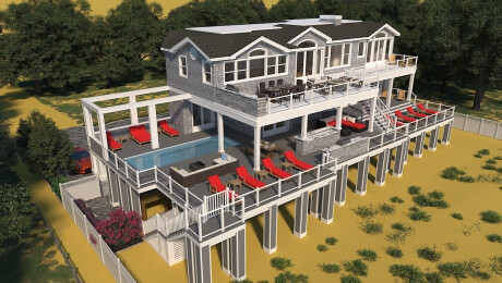 Aerial view of modern beach house featuring a wraparound deck and pool, Long Beach Island NJ